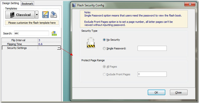 define security settings of flash flipping book