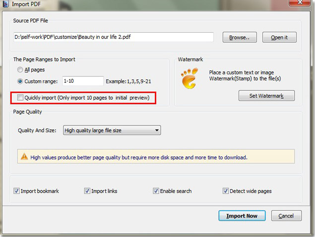 quickly import option of flash flipping book maker