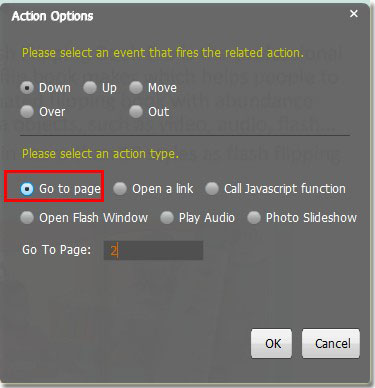define the flash button to go to page of book content of flash book or Mac flipping book